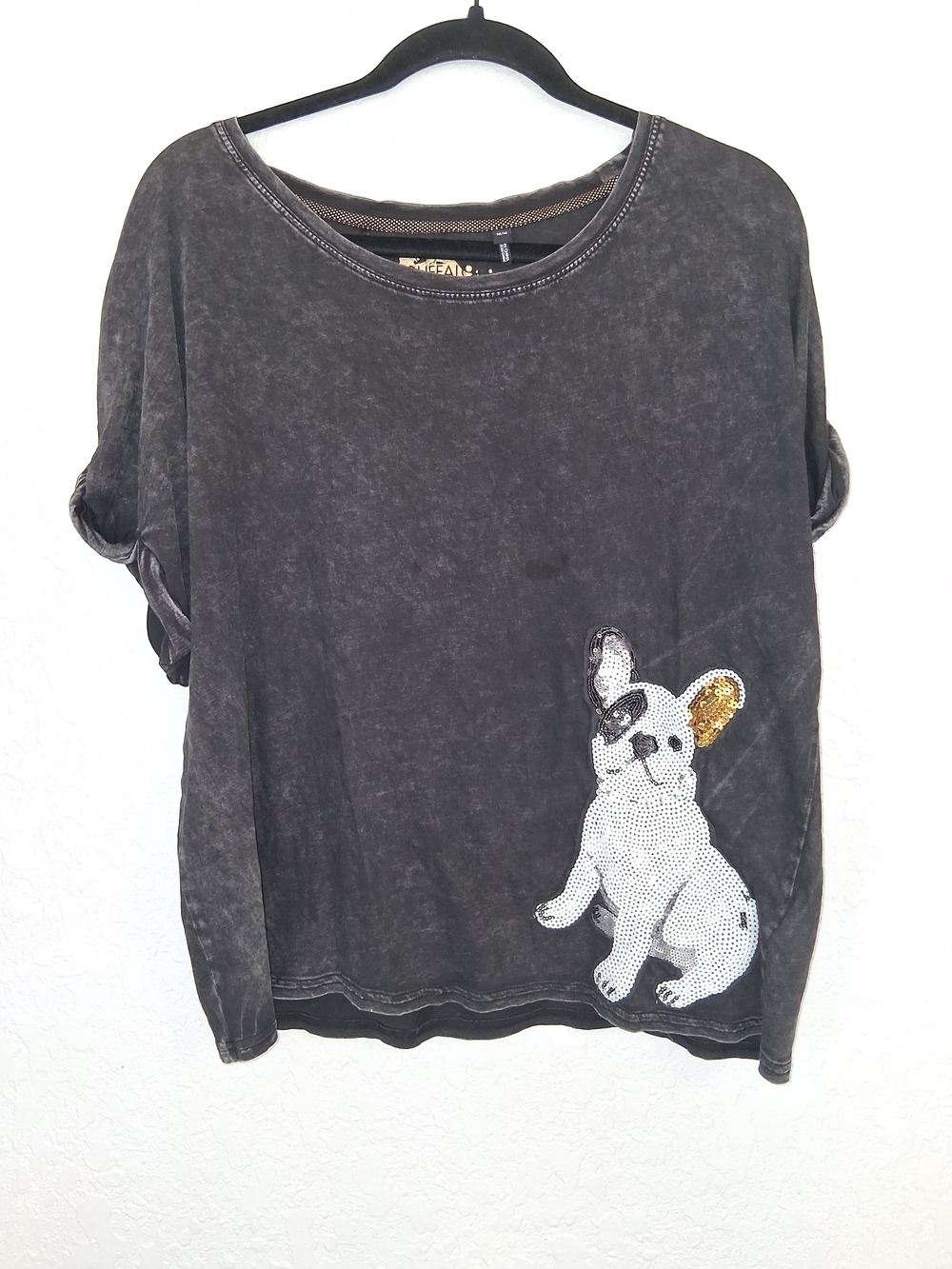 Buffalo David Bitton Sequin French Bulldog Acid Wash Tee Shirt Size M